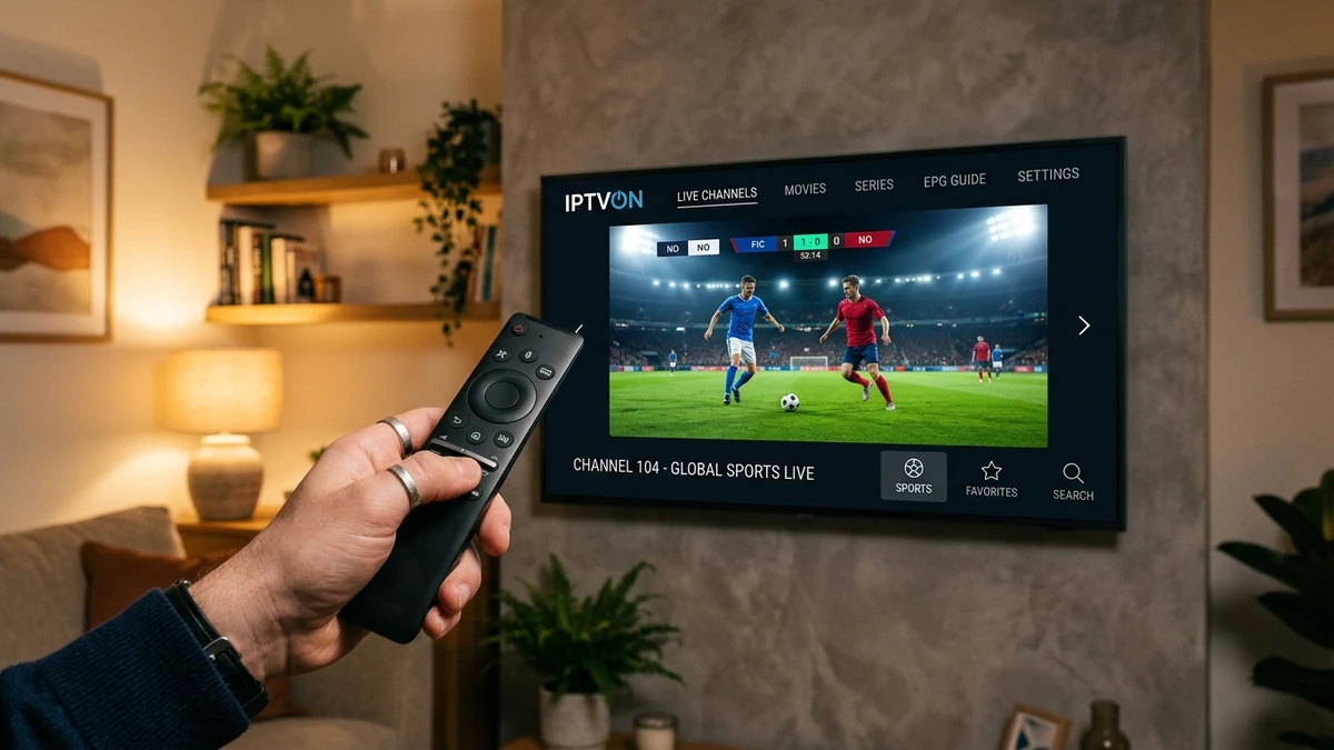 Smart TV streaming remote control pointing to an ultra-thin 4K television with IPTVON live channel interface