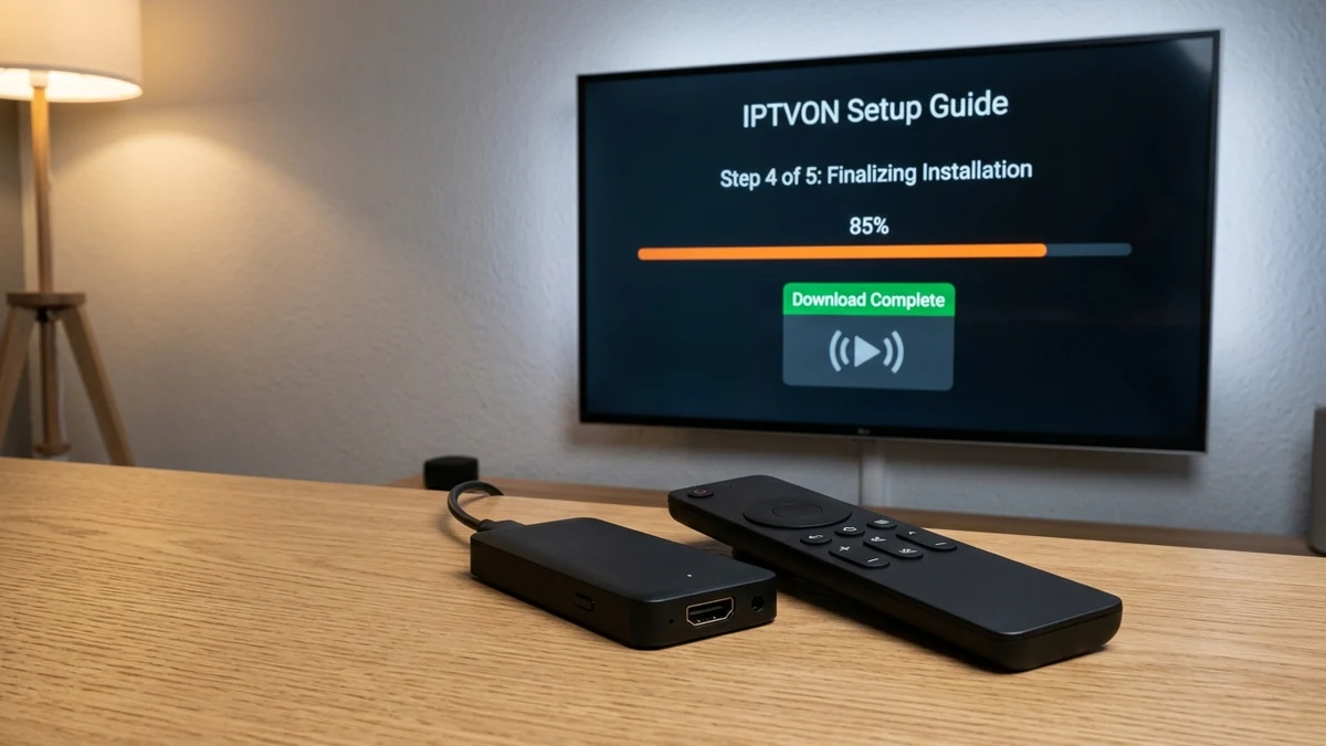 Streaming media stick with remote control and setup guide on smart television