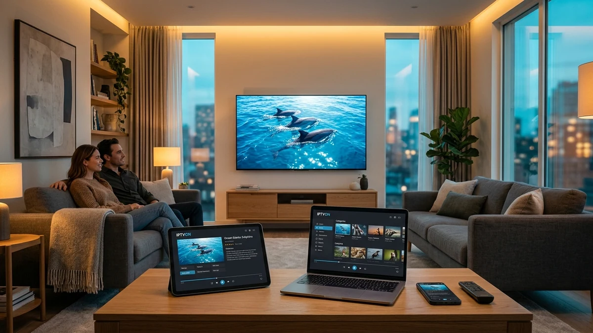 Multi-device IPTV streaming setup displaying synchronized playback across Smart TV, laptop, tablet, and mobile smartphone