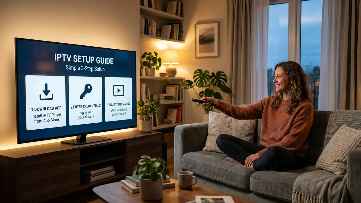 Simple 3-step IPTV setup guide on smart television with remote control in comfortable living room