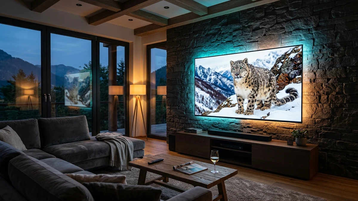 Ultra-high-definition 4K HDR streaming display on ultra-slim OLED television in modern living room