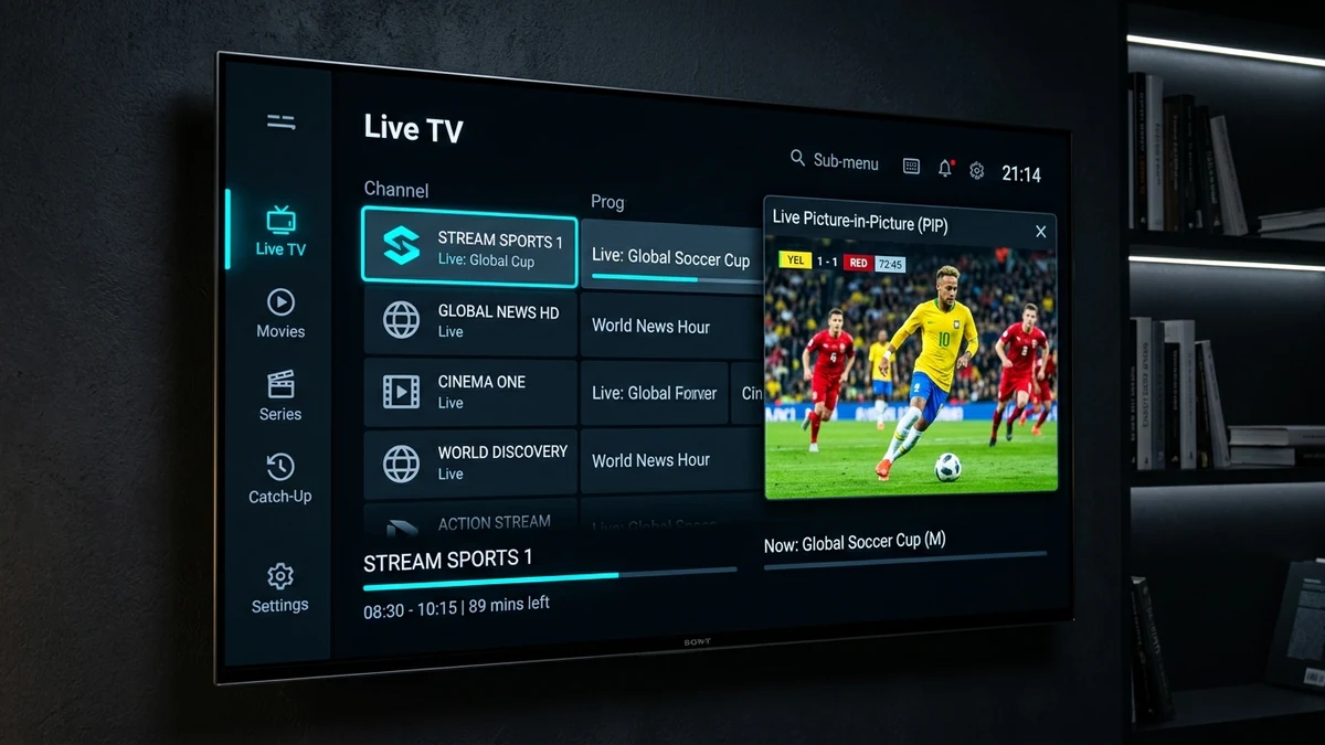 Modern IPTV player interface dashboard on 4K OLED Smart TV with live channel guide and stream quality controls