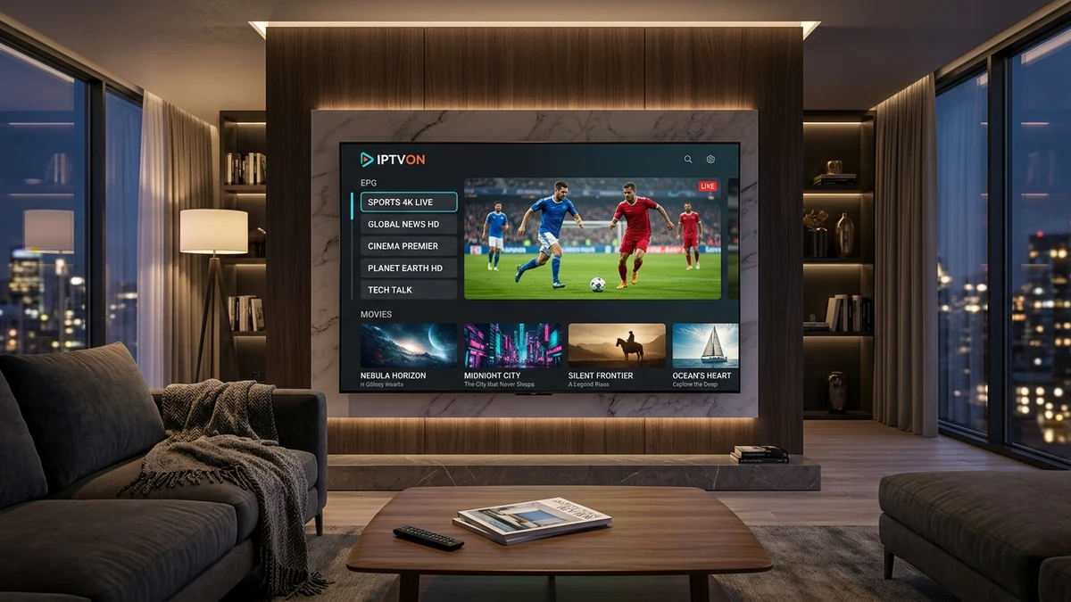 IPTVON media player application interface on a 4K OLED Smart TV displaying live soccer match, electronic program guide, and movie categories