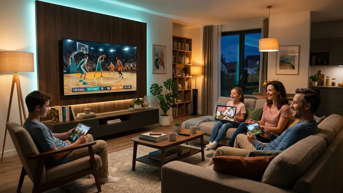 Multi-device IPTV subscription streaming simultaneously across living room smart TV and portable tablet