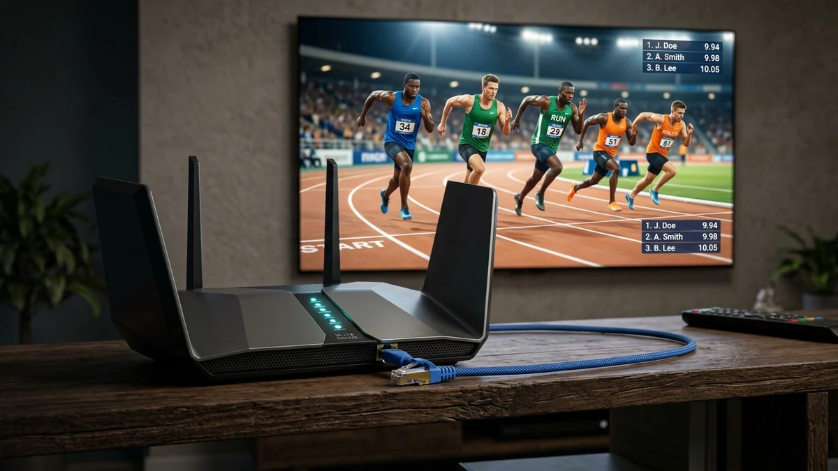 High speed gaming router with Cat7 ethernet cable connected to smart TV for buffer-free sports streaming